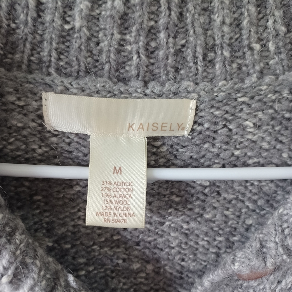 Kaisely Gray Wool Blend Knit Pom Pom Tie Waist Alpaca Sweater - Picture 2 of 7